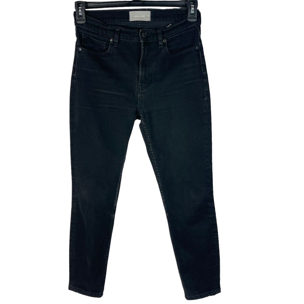 Everlane SZ 28 Ankle Jeans Pockets Stretch Zip-Fly Black Wash Whiskered Mid-Rise